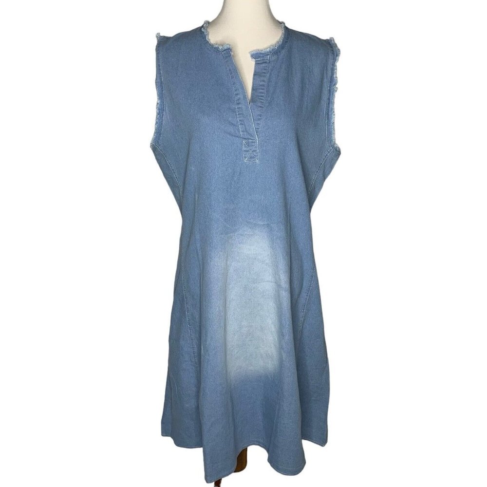 ChouYatou Denim Sleeveless Mid Calf Dress Size Large Distressed Frayed Neckline